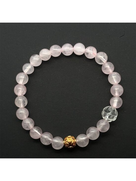 RAFANTHIA Jewelry - 18K Solid Gold Coin Ball Stretch Bracelet Rose Quartz Clear Quartz Lotus